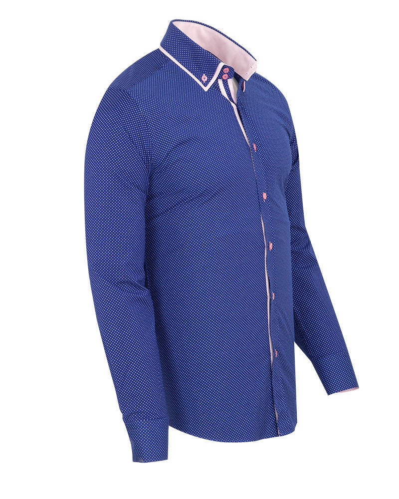 Dark Blue Double Collar Mini Polka Dot Print Men's Shirt