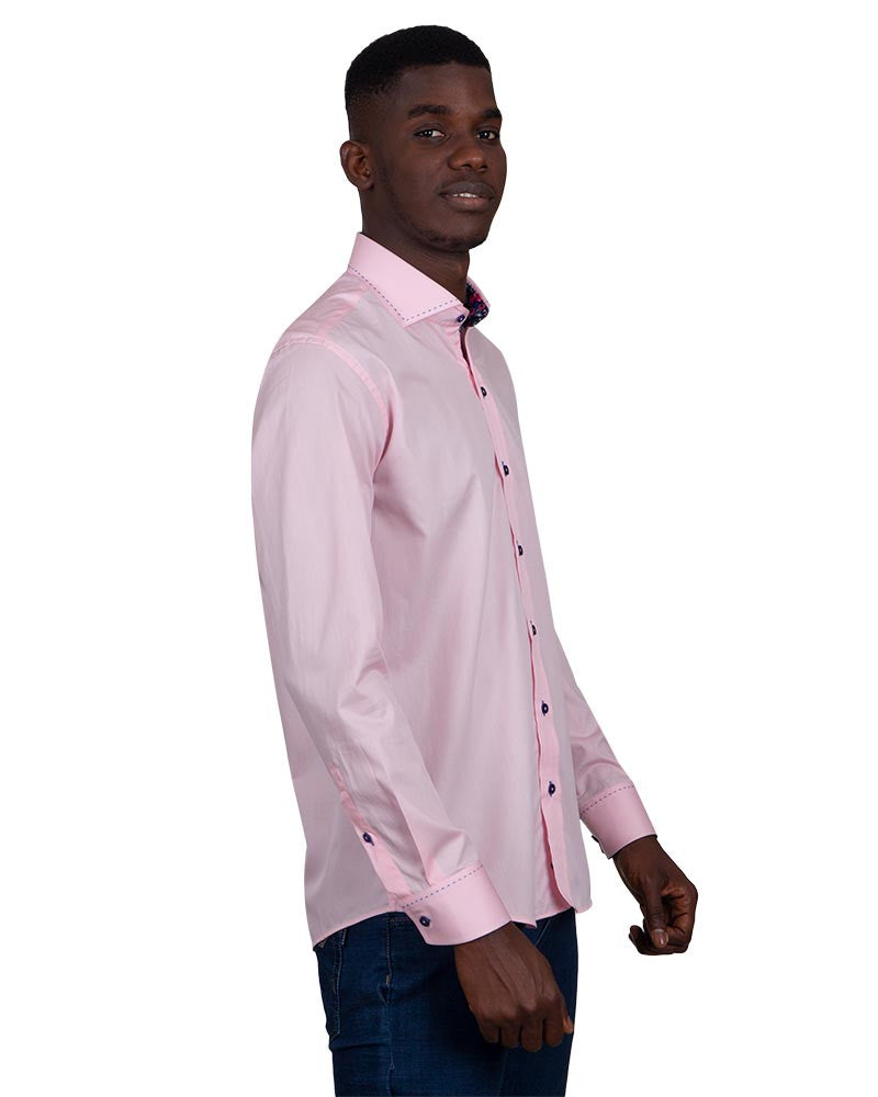 Pink Plain Shirt with Contrasting Stitching on Collar