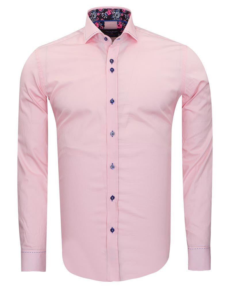 Pink Plain Shirt with Contrasting Stitching on Collar