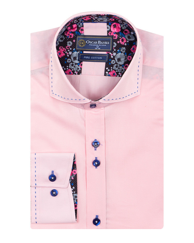 Pink Plain Shirt with Contrasting Stitching on Collar