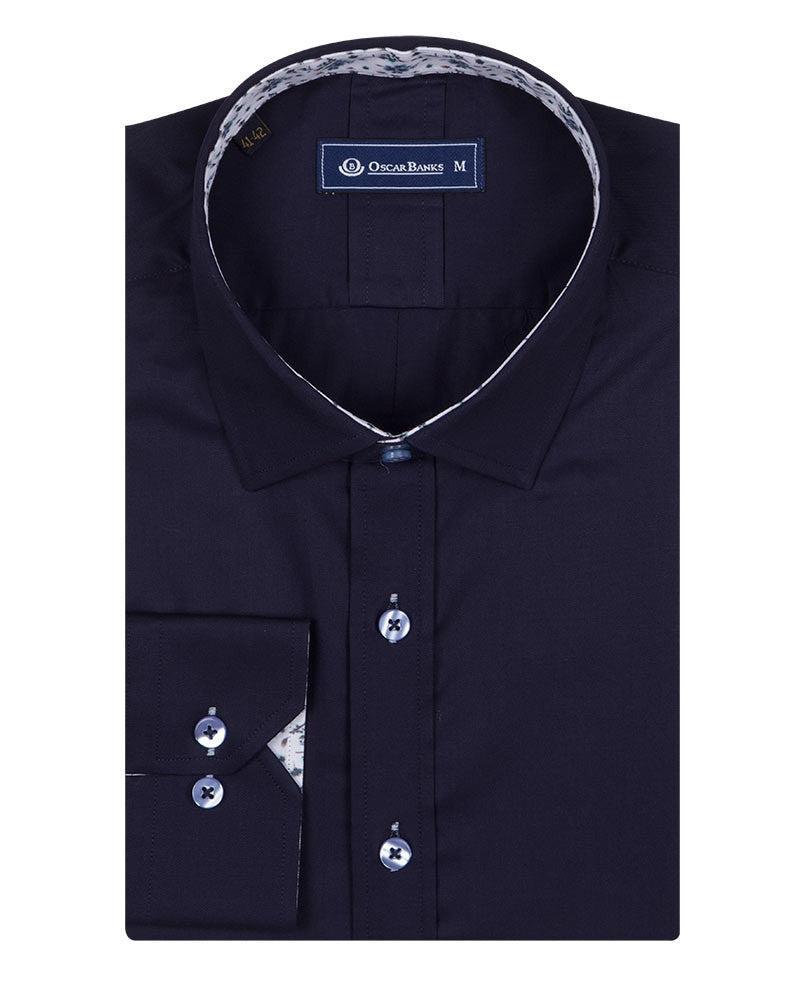 Dark Blue Plain Small Collar Shirt With Floral Insert