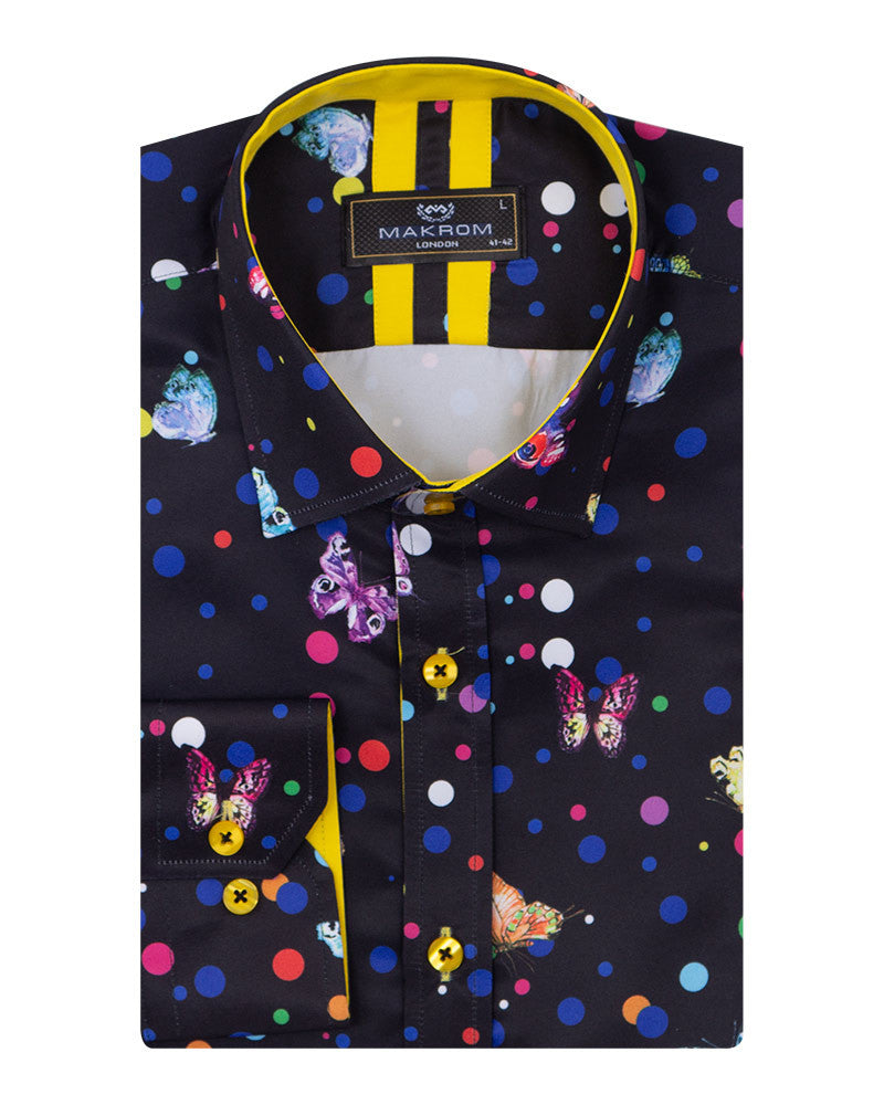 Black Polka Dot Butterfly Print Shirt