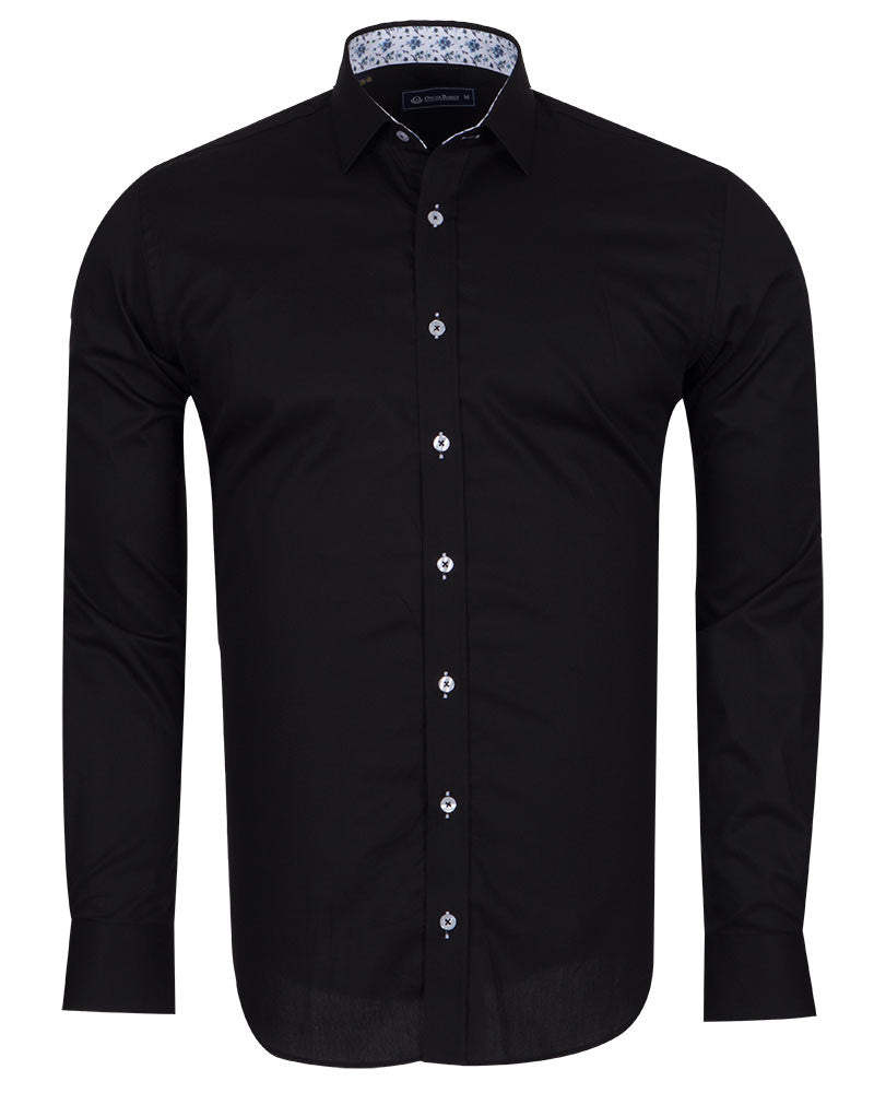 Black Plain Small Collar Shirt With Floral Insert