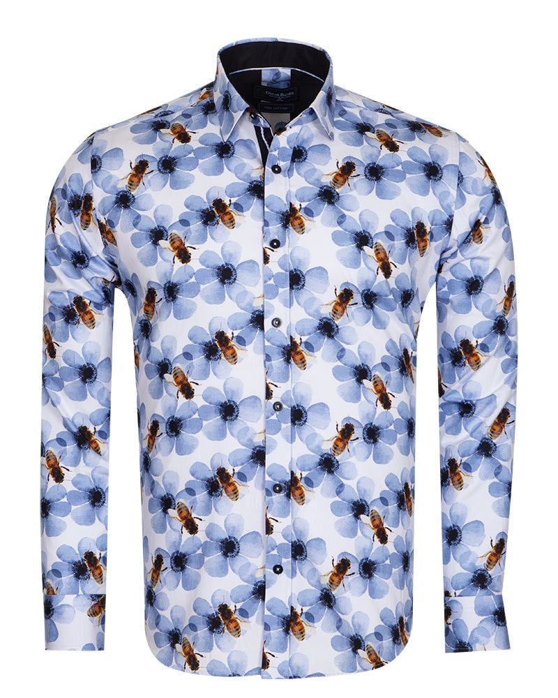 Blue Pure Cotton Honey Bee Print Men's Shirt