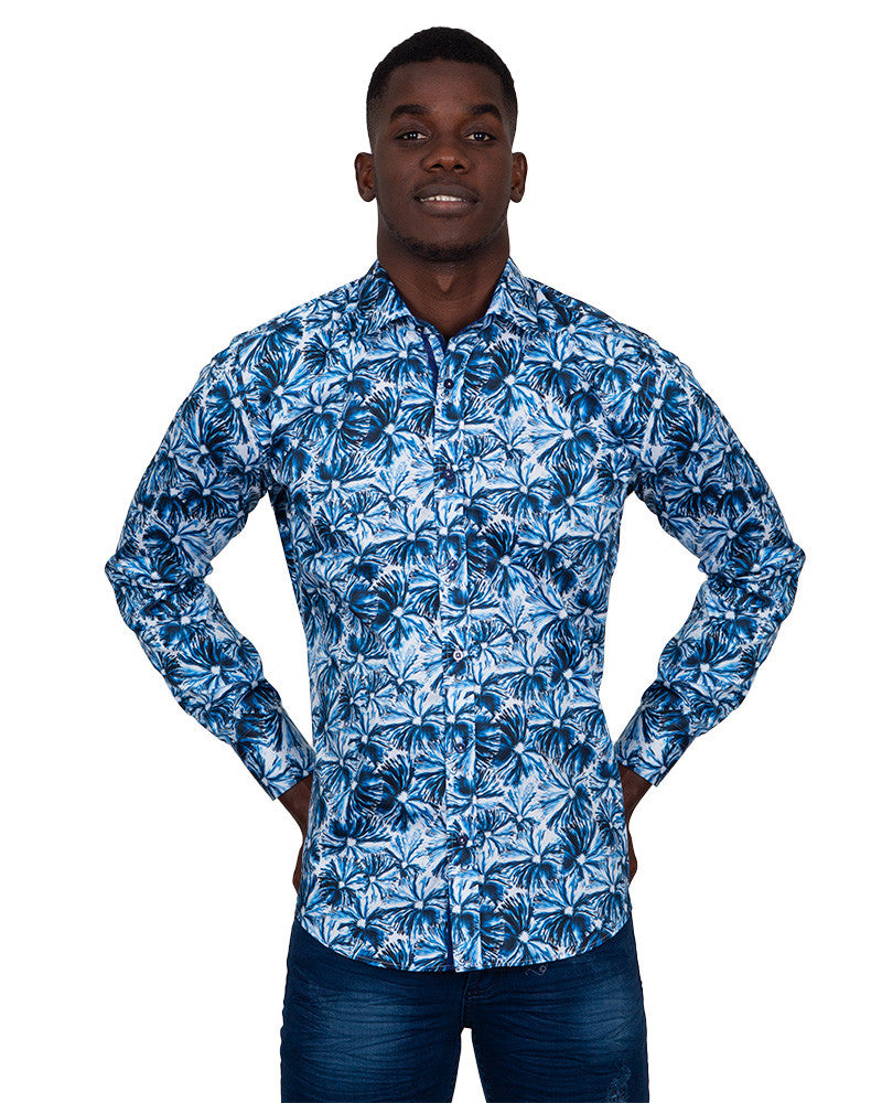 Blossoming Neon Blue Print Cotton Shirts For Men