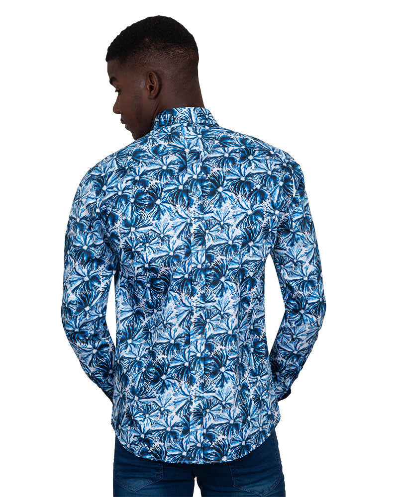 Blossoming Neon Blue Print Cotton Shirts For Men