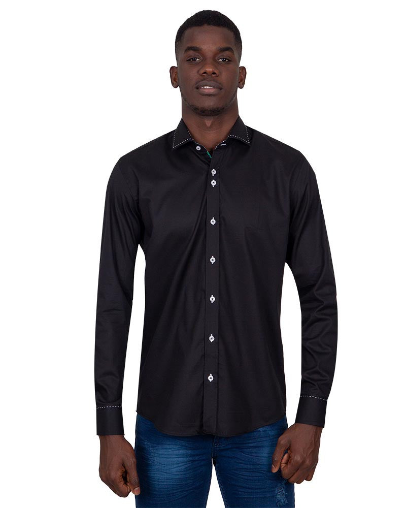 Black Plain Shirt with Contrasting Stitching on Collar