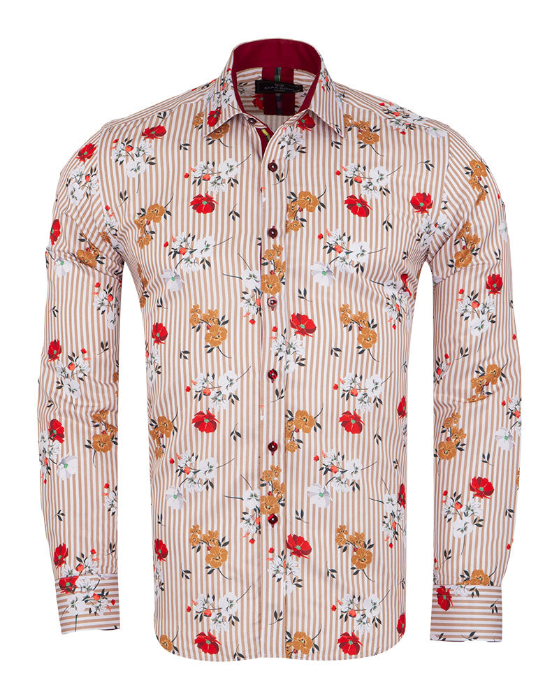 Beige Striped Floral Design Print Shirt-Makrom