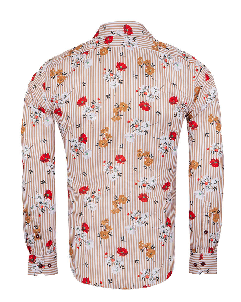 Beige Striped Floral Design Print Shirt-Makrom