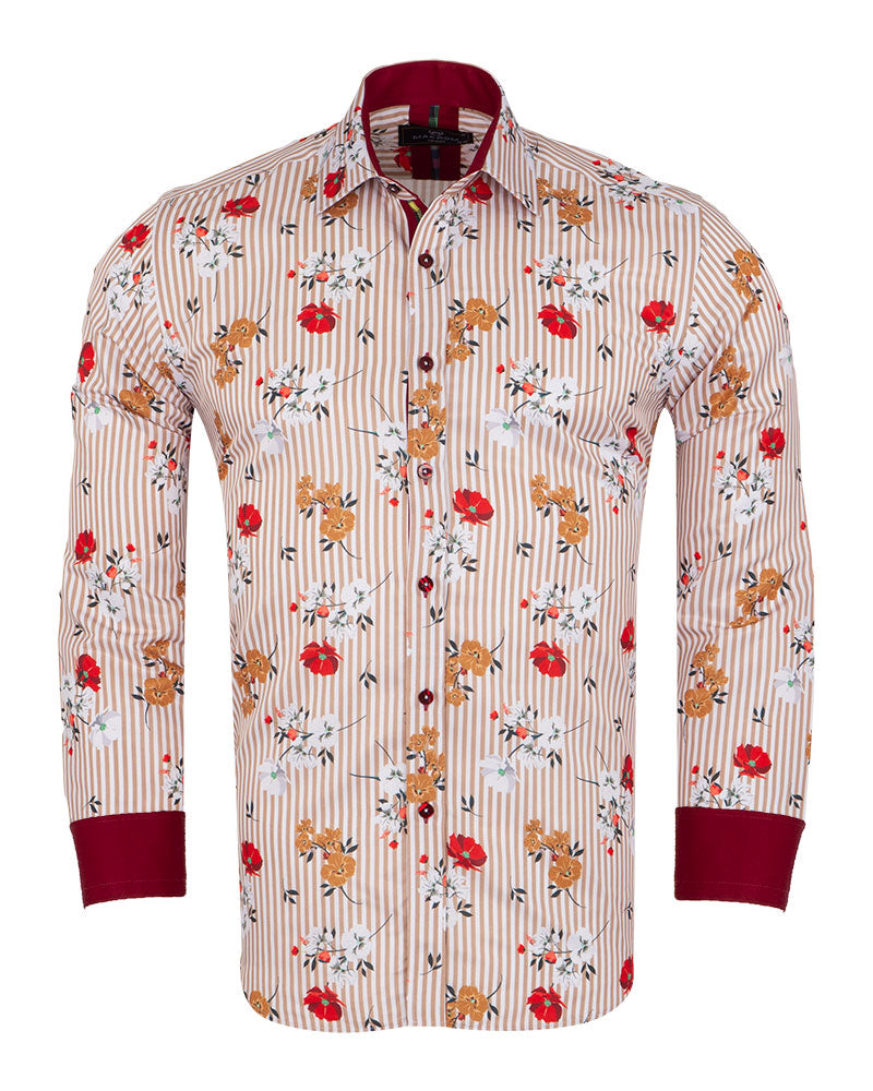 Beige Striped Floral Design Print Shirt-Makrom