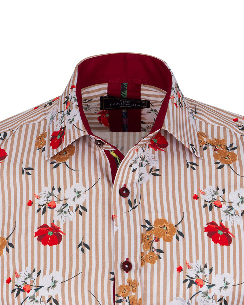 Beige Striped Floral Design Print Shirt-Makrom