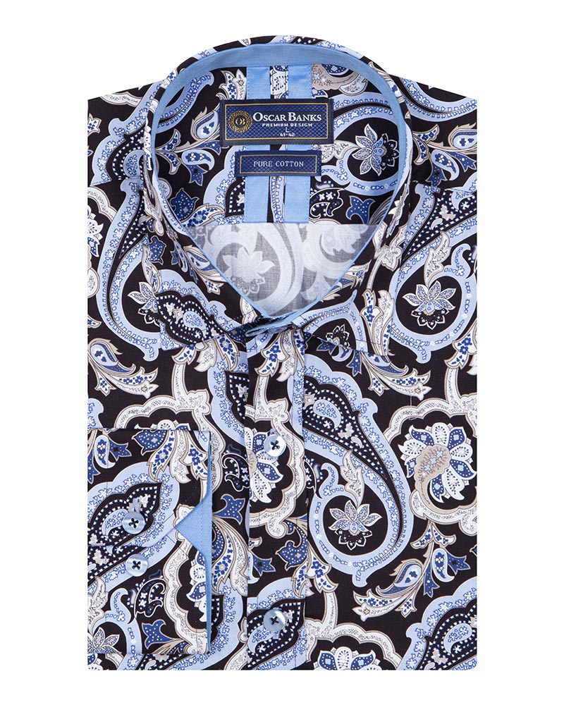 Black & Blue Paisley Print Men's Shirt with Matching Handkerchief-Makrom