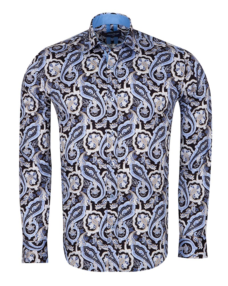Black & Blue Paisley Print Men's Shirt with Matching Handkerchief-Makrom