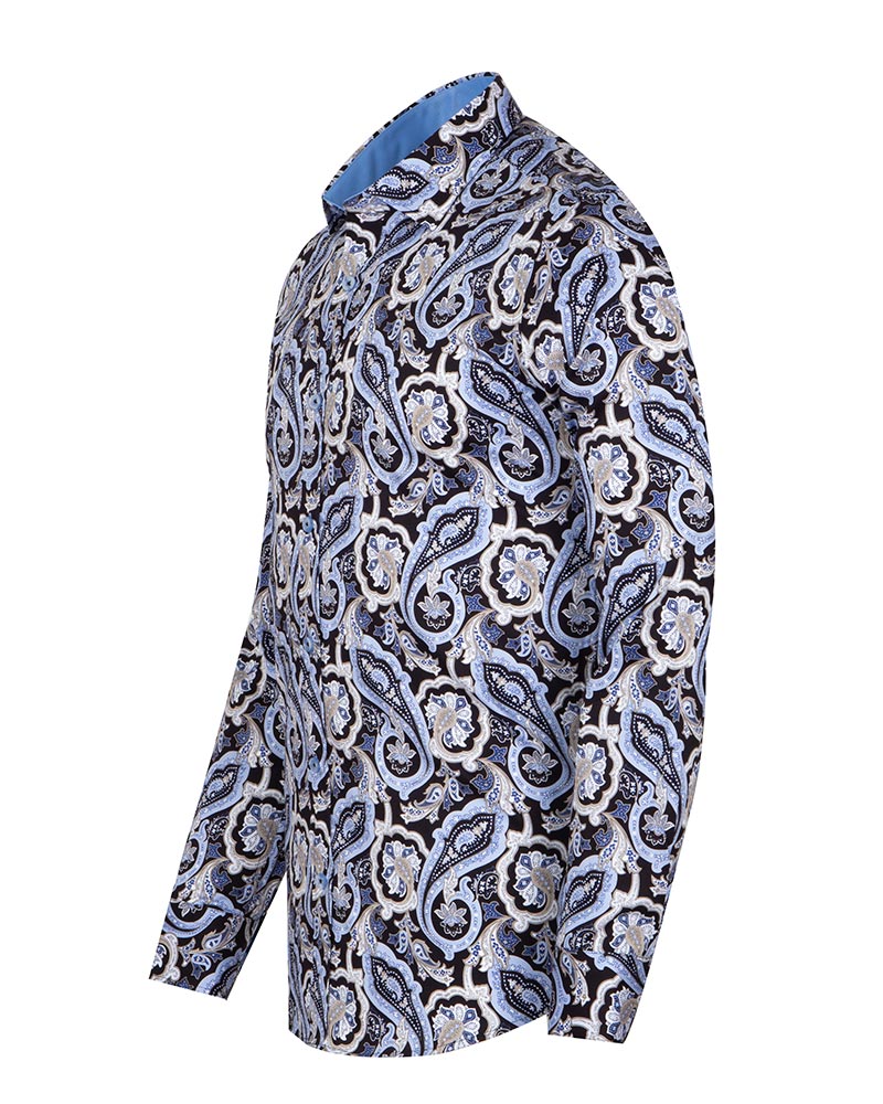 Black & Blue Paisley Print Men's Shirt with Matching Handkerchief-Makrom