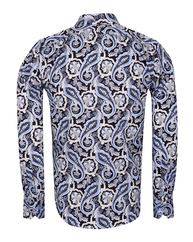 Black & Blue Paisley Print Men's Shirt with Matching Handkerchief-Makrom