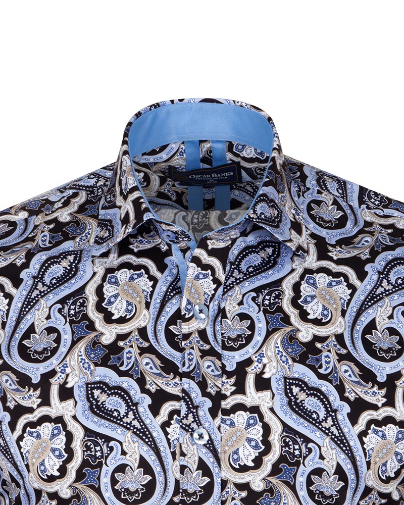 Black & Blue Paisley Print Men's Shirt with Matching Handkerchief-Makrom