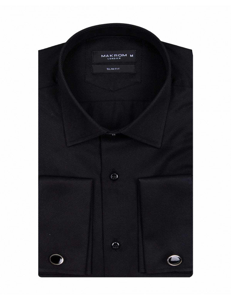 Black Casual Twill Double Cuff Long Sleeve Shirt-Makrom