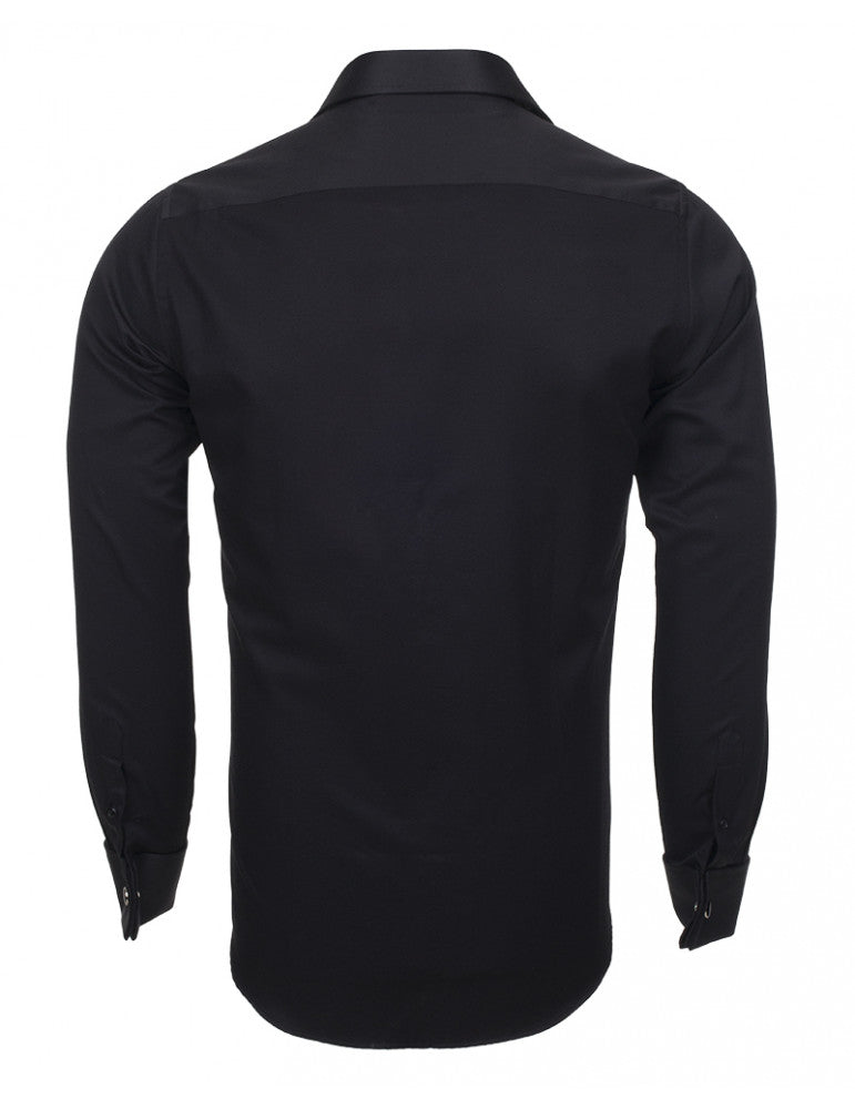 Black Casual Twill Double Cuff Long Sleeve Shirt-Makrom