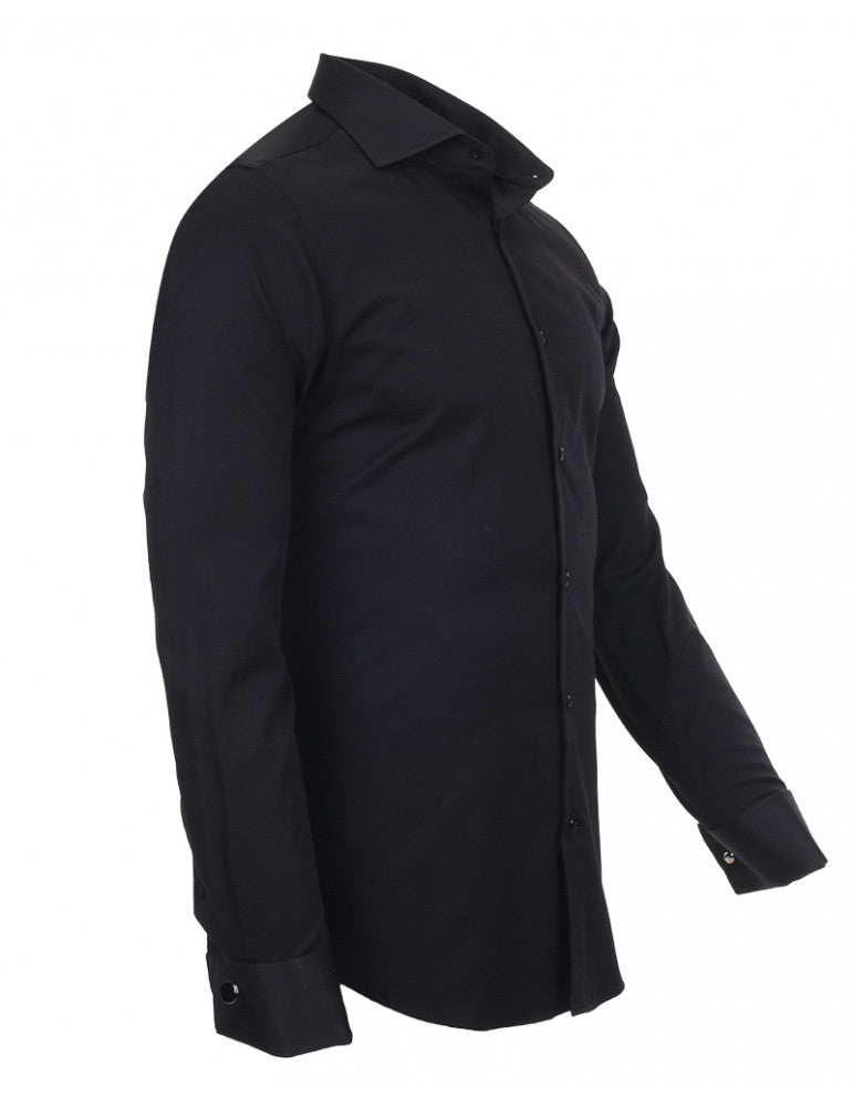 Black Casual Twill Double Cuff Long Sleeve Shirt-Makrom