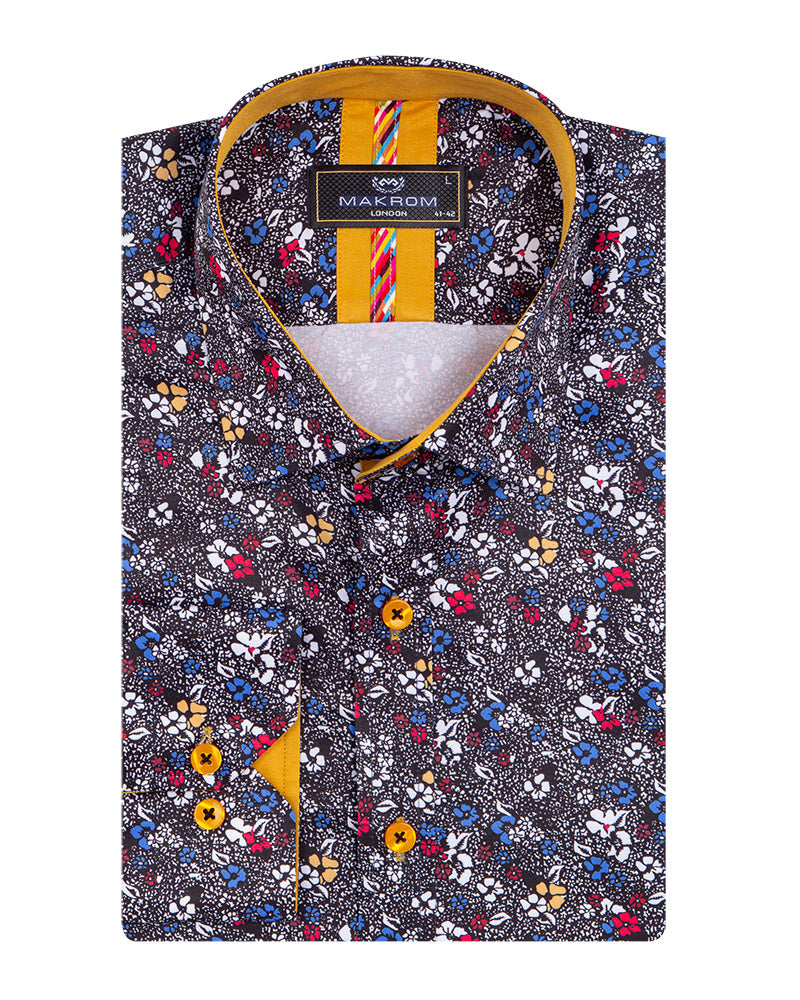 Black Colourful Floral Print Shirt-Makrom