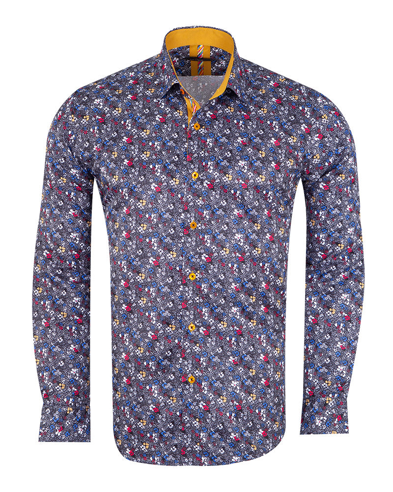 Black Colourful Floral Print Shirt-Makrom