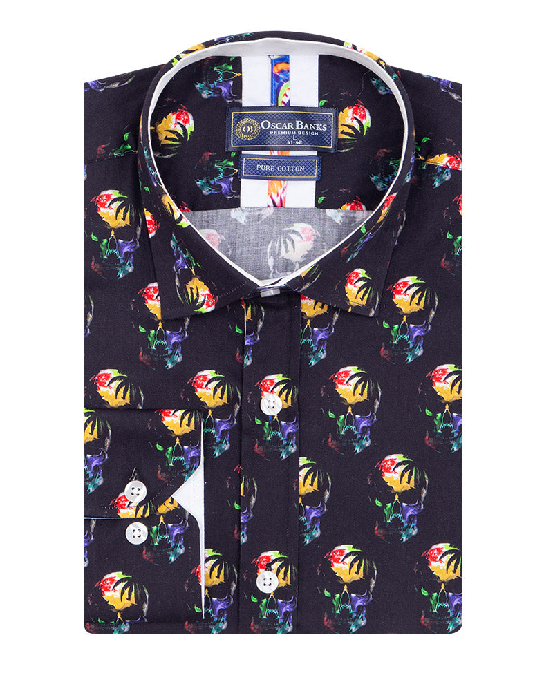 Black Colourful Skull Print Shirt with Matching Handkerchief-Makrom