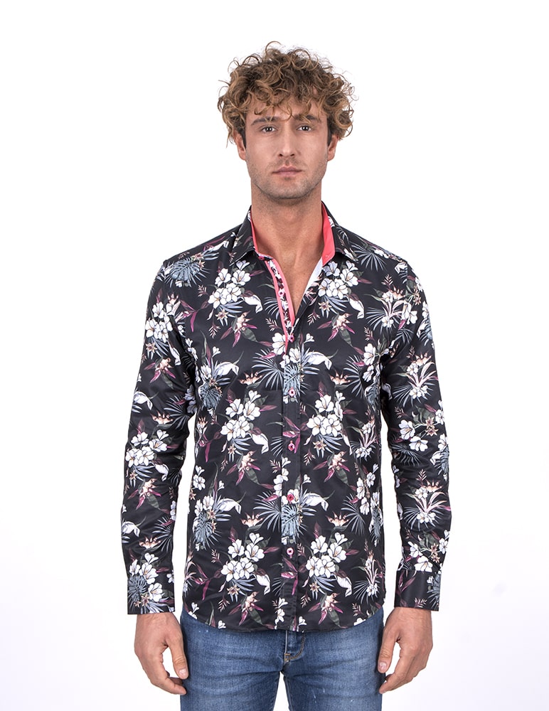Black Daffodil Print Men's Shirt-Makrom