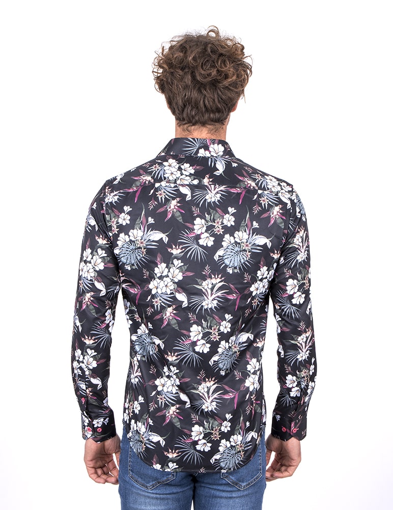 Black Daffodil Print Men's Shirt-Makrom