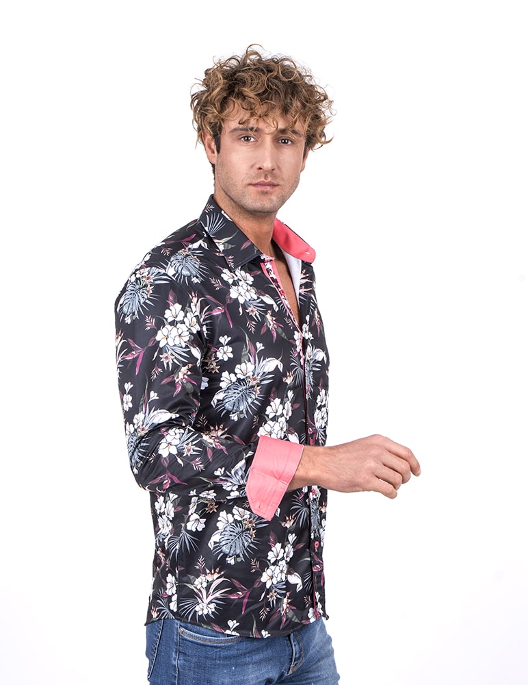 Black Daffodil Print Men's Shirt-Makrom