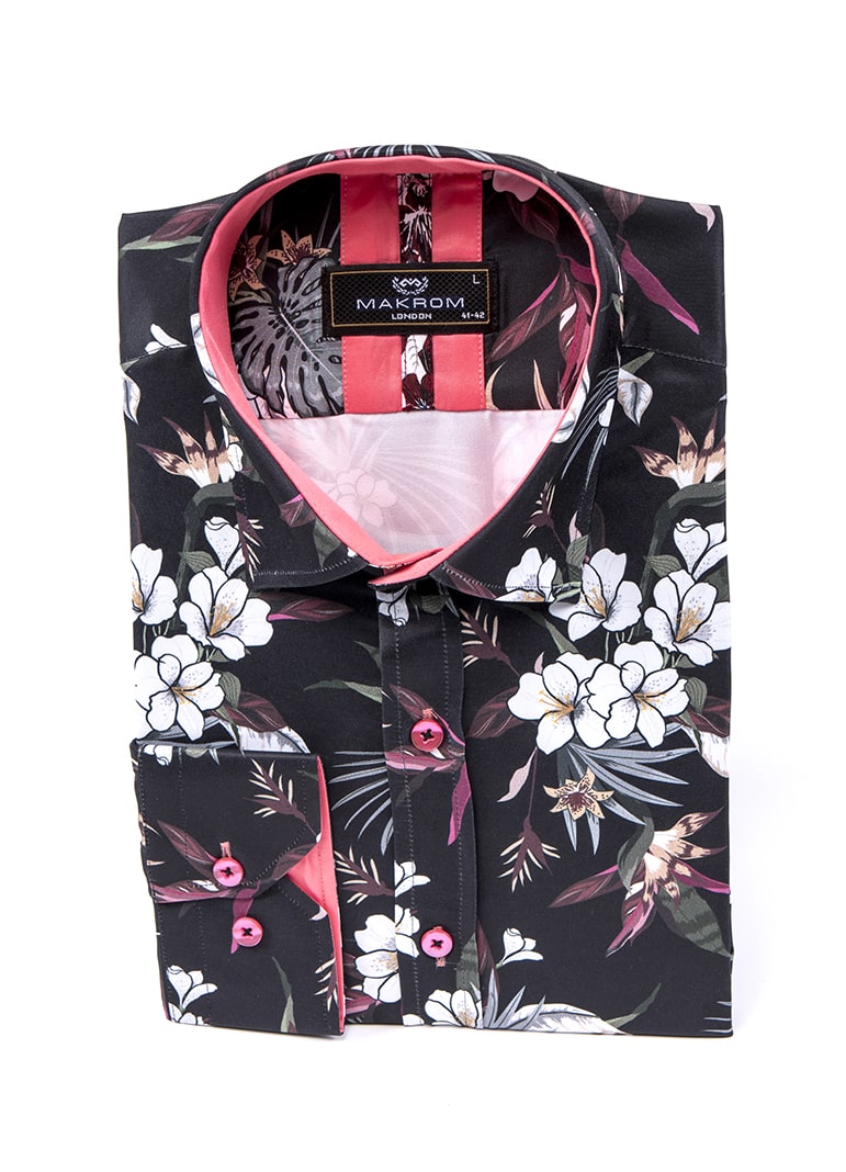 Black Daffodil Print Men's Shirt-Makrom