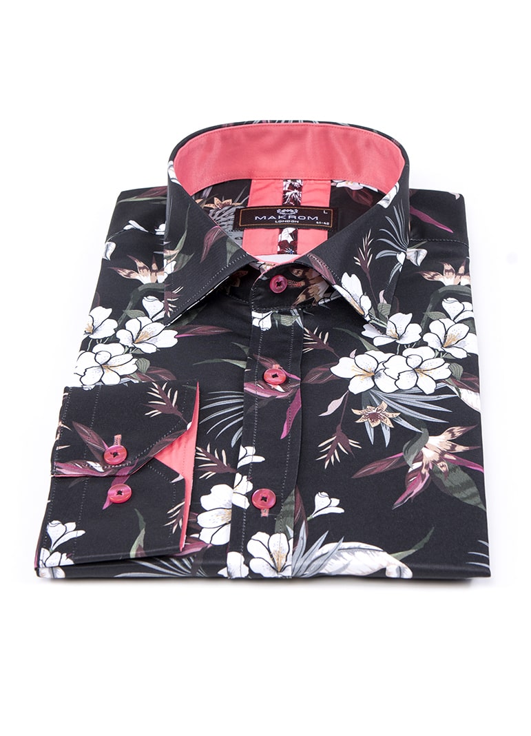 Black Daffodil Print Men's Shirt-Makrom