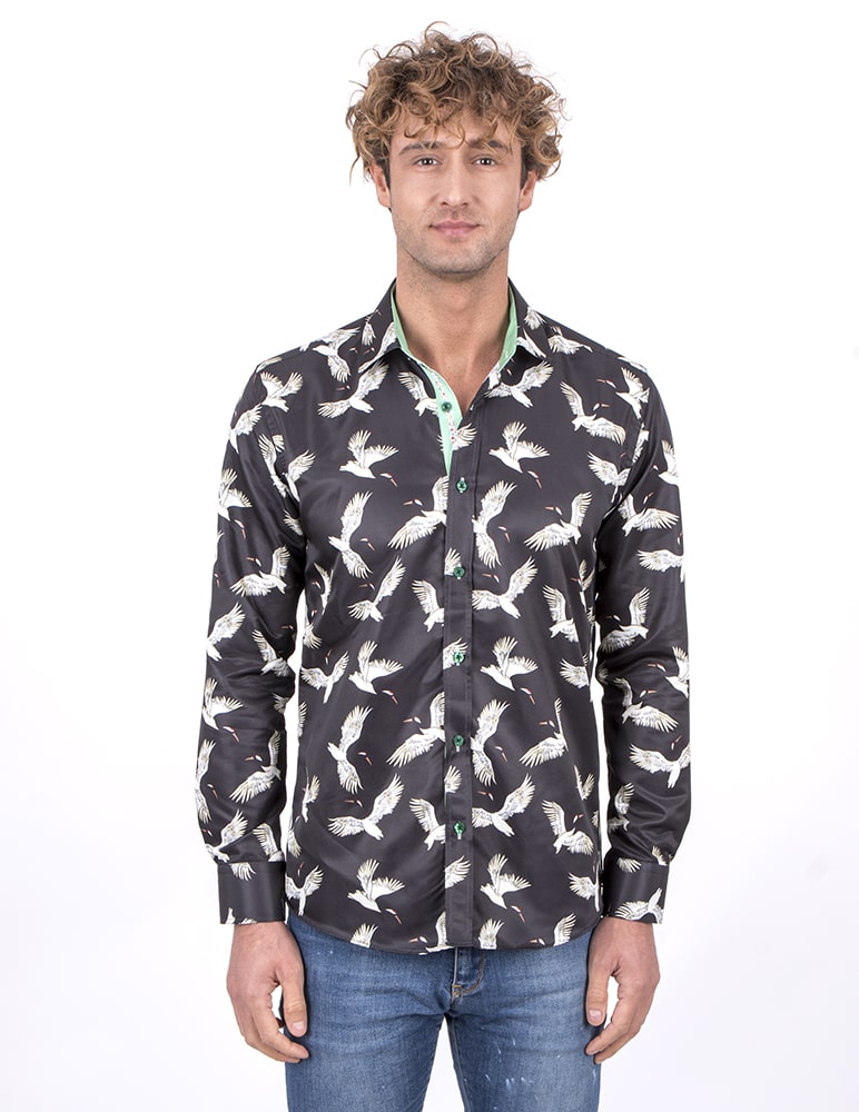 Black Flying Bird Print Men's Shirt-Makrom