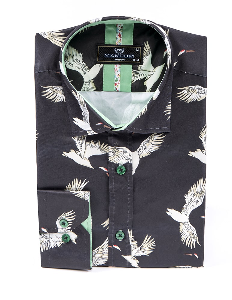 Black Flying Bird Print Men's Shirt-Makrom