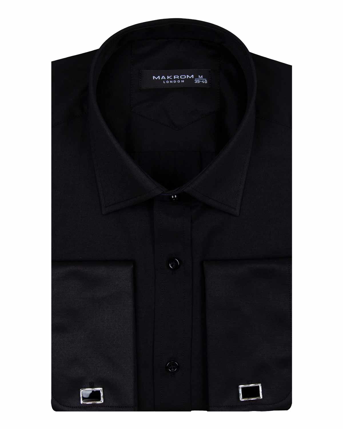 Black Plain Double Cuff Shirt-Makrom