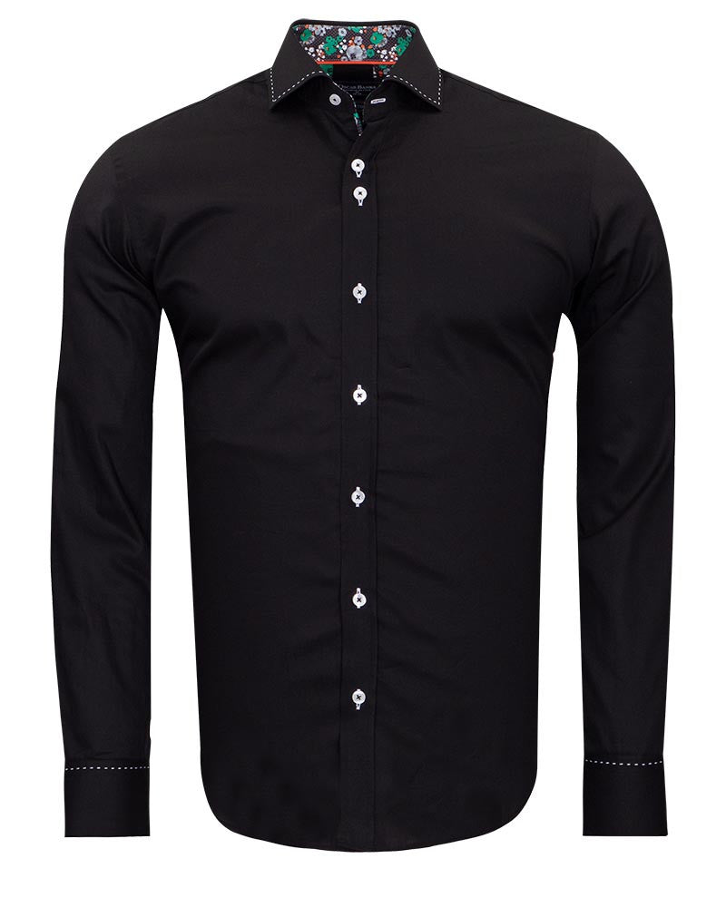 Black Plain Shirt with Contrasting Stitching on Collar-Makrom