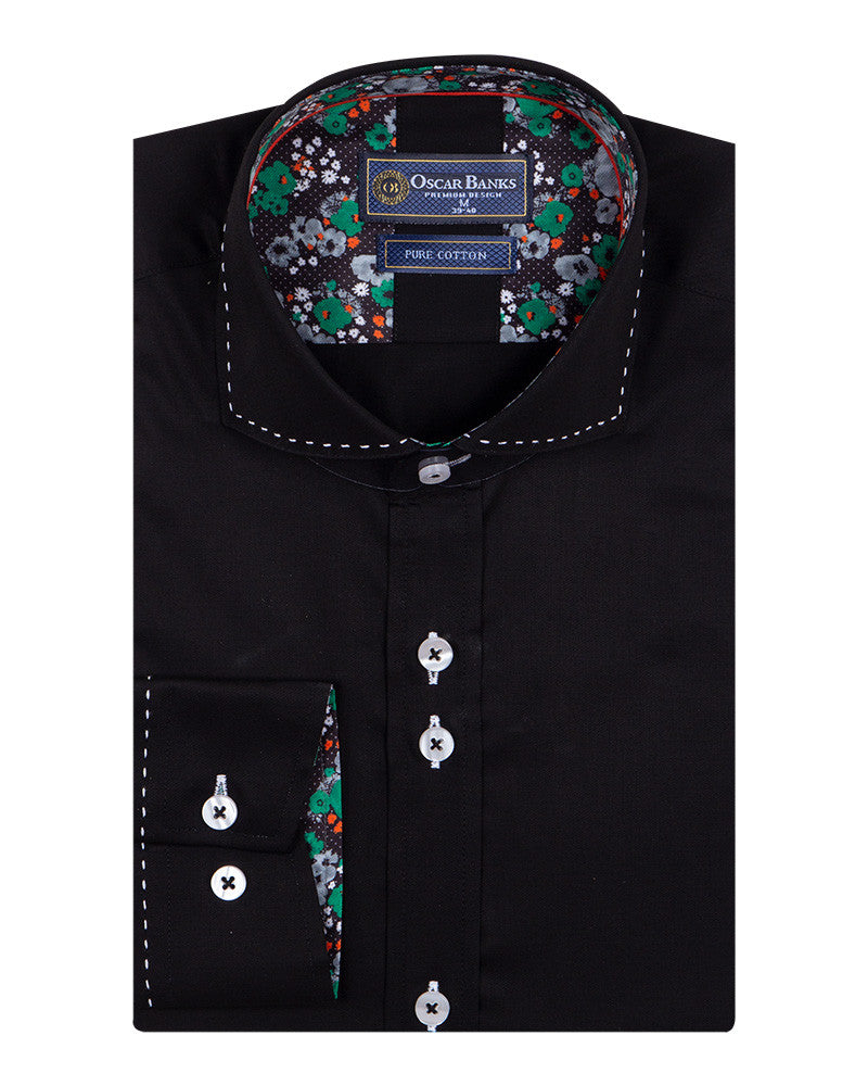 Black Plain Shirt with Contrasting Stitching on Collar-Makrom