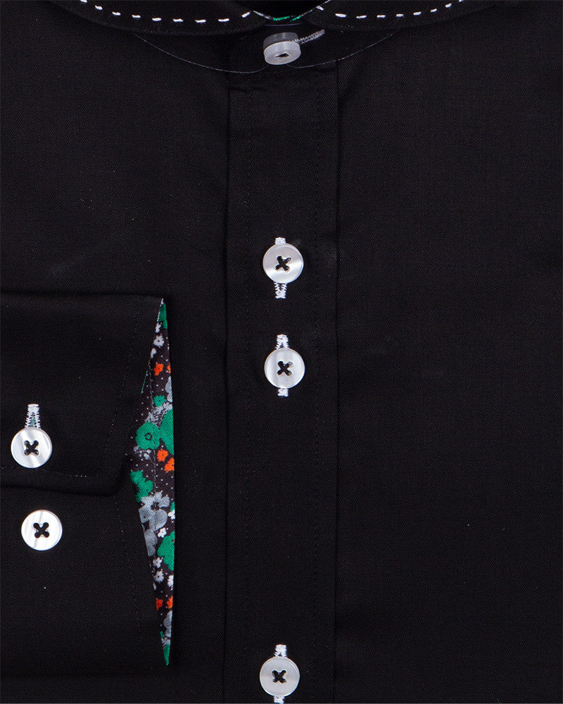 Black Plain Shirt with Contrasting Stitching on Collar-Makrom