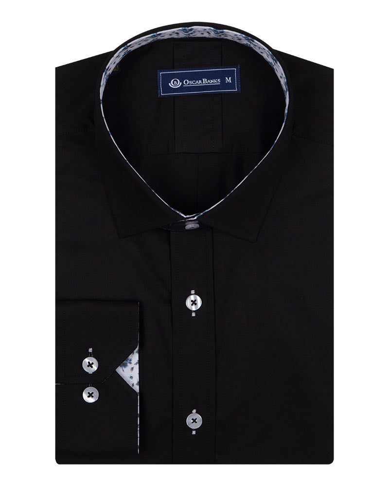 Black Plain Small Collar Shirt With Floral Insert-Makrom