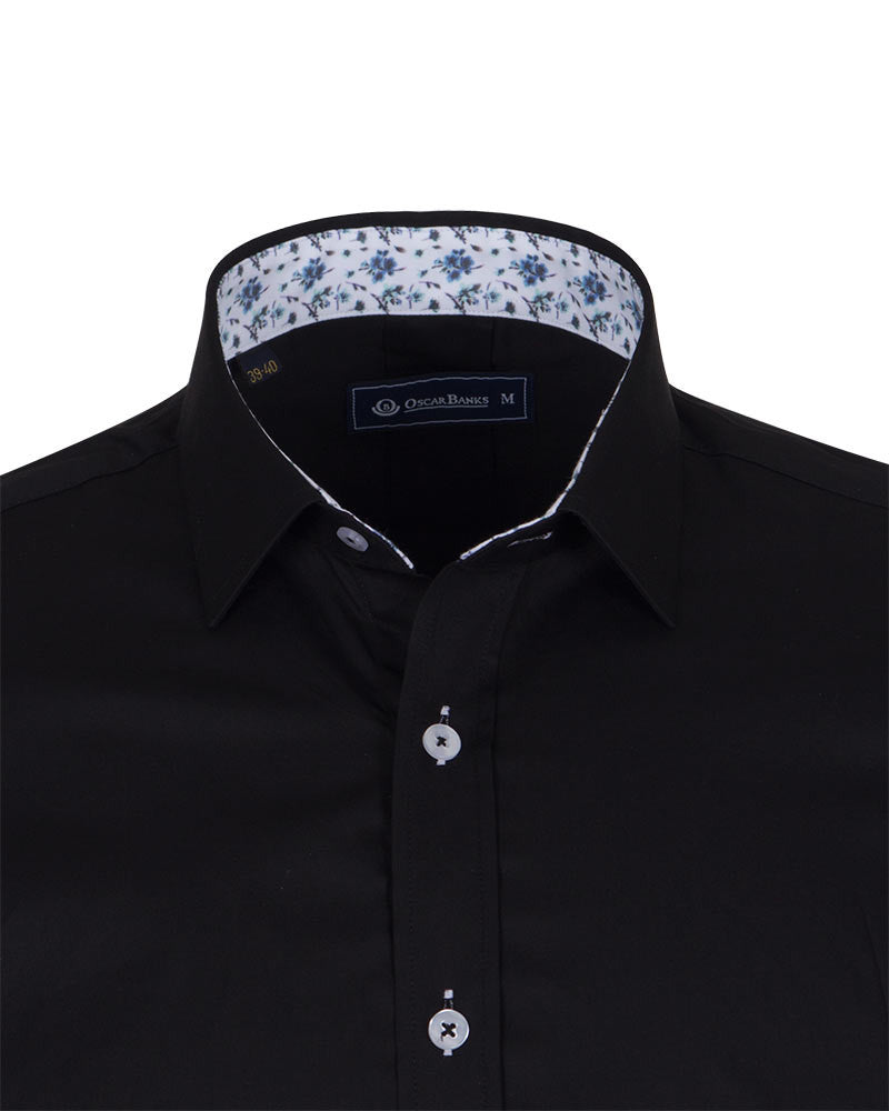 Black Plain Small Collar Shirt With Floral Insert-Makrom