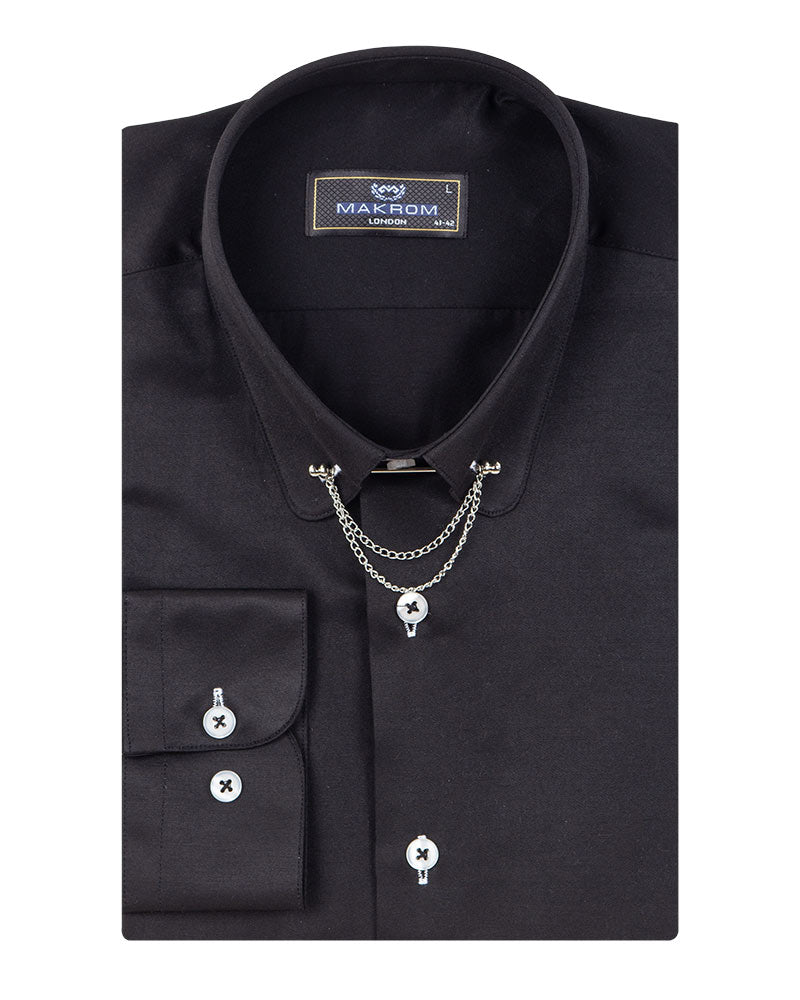 Black Round Collar Pin Shirt-Makrom
