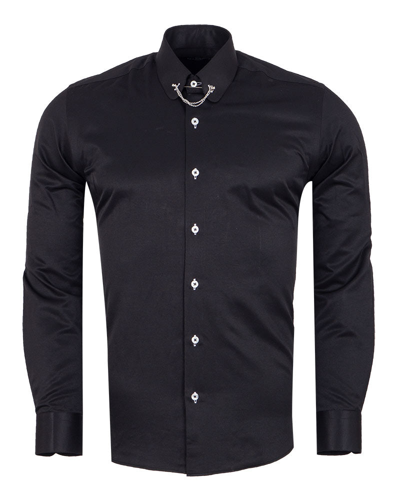 Black Round Collar Pin Shirt-Makrom