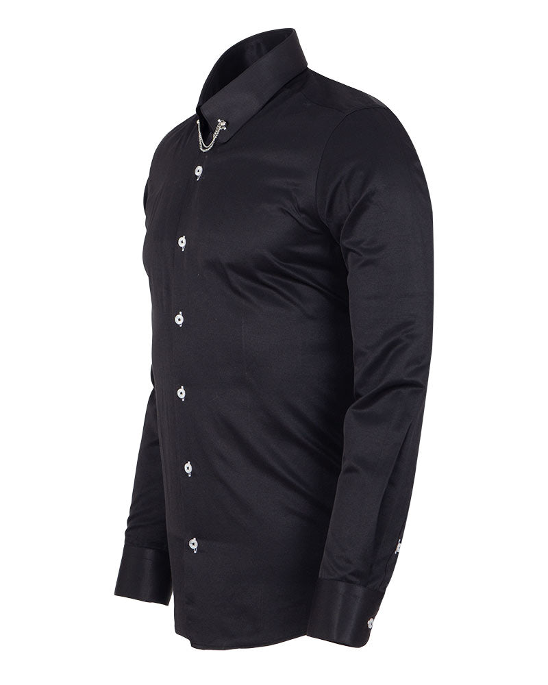 Black Round Collar Pin Shirt-Makrom
