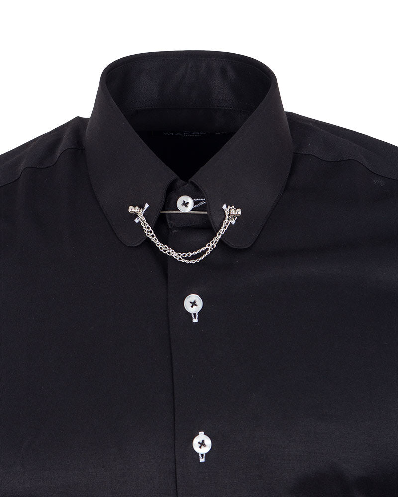 Black Round Collar Pin Shirt-Makrom