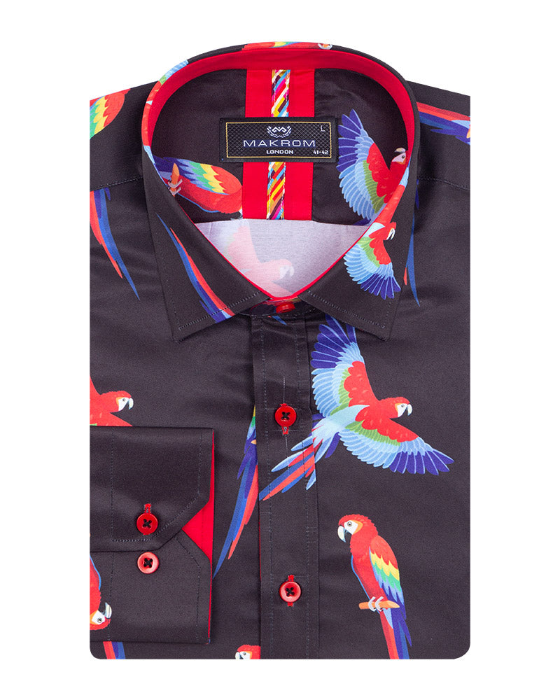 Black Shirt Flying Parrot Print-Makrom
