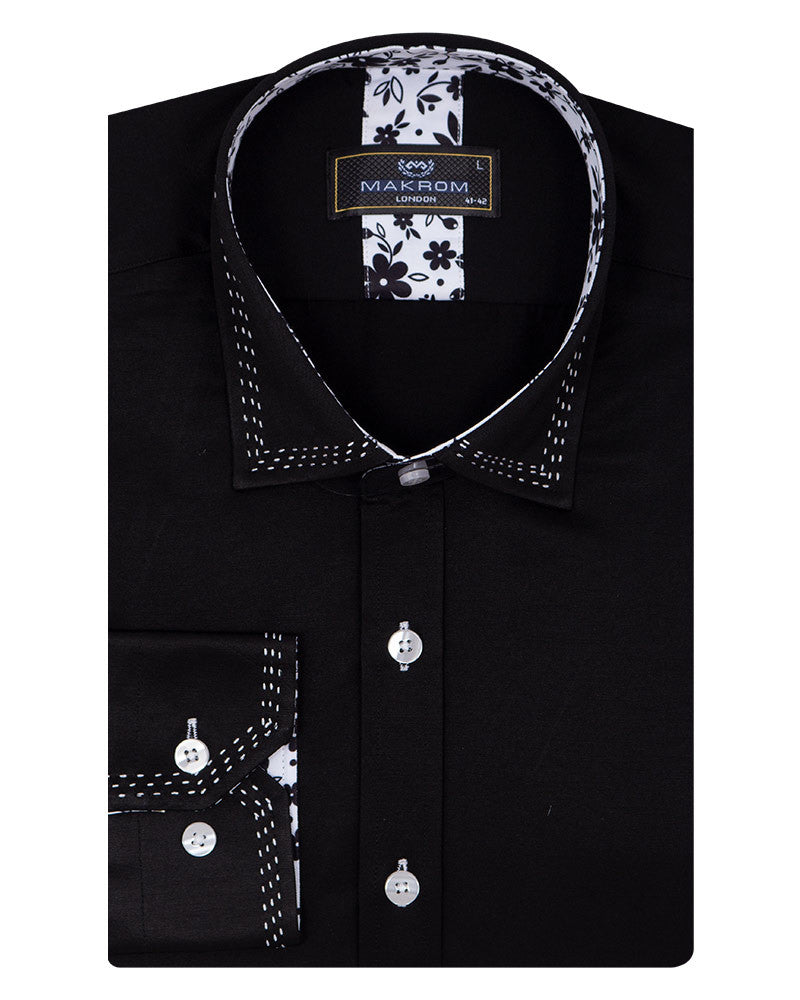 Black Stitching Design Plain Panel Shirt-Makrom