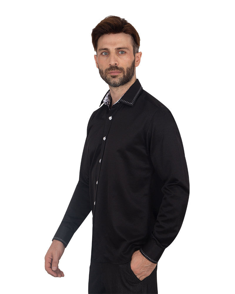 Black Stitching Design Plain Panel Shirt-Makrom
