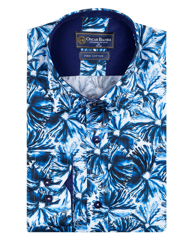 Blossoming Neon Blue Print Cotton Shirts For Men-Makrom