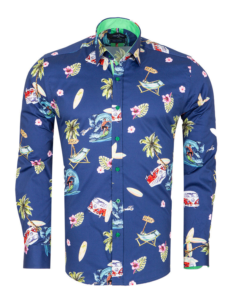 Blue Beach Print Long Sleeve Pure Cotton Shirt-Makrom