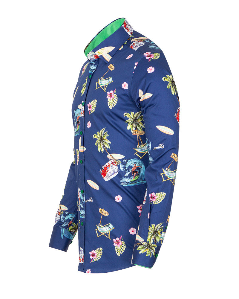 Blue Beach Print Long Sleeve Pure Cotton Shirt-Makrom