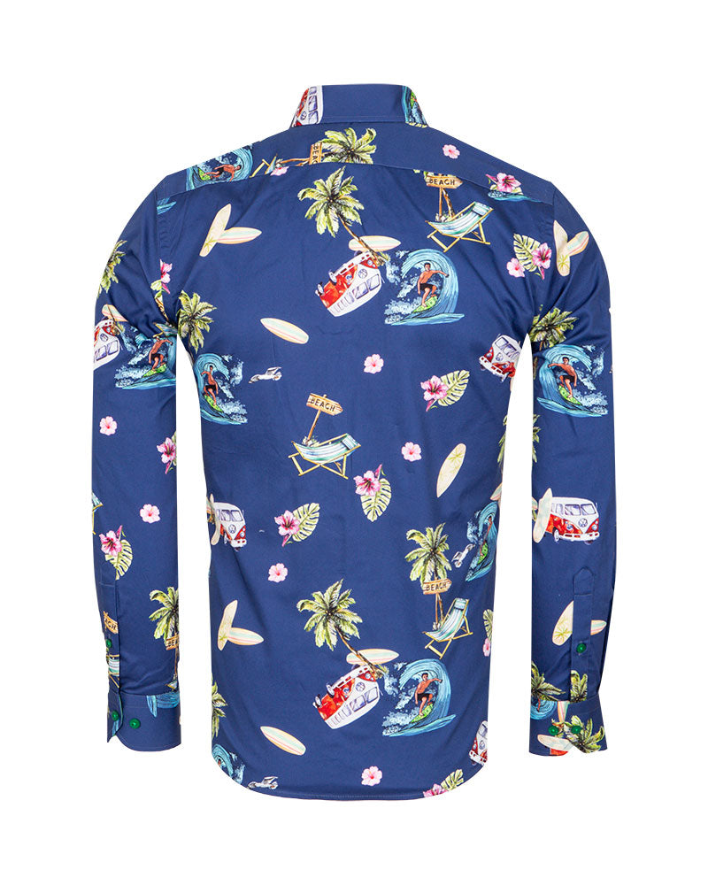 Blue Beach Print Long Sleeve Pure Cotton Shirt-Makrom